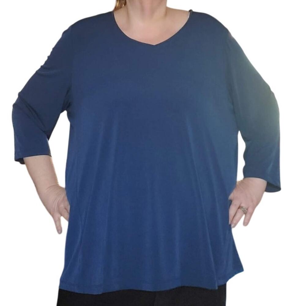 Susan Graver Essentials Size 3X Navy Liquid Knit 3/4 Sleeve V Neck Top Casual